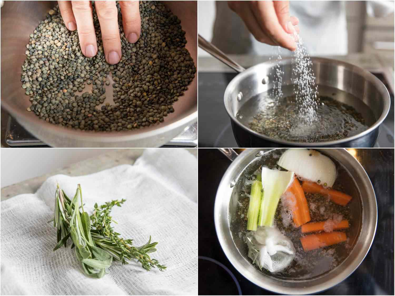 A four-image collage of cooking French lentils in water with aromatics: dry lentils in a pot, adding salt to the cooking water, herbs, and carrot, celery, and onion into the pot.