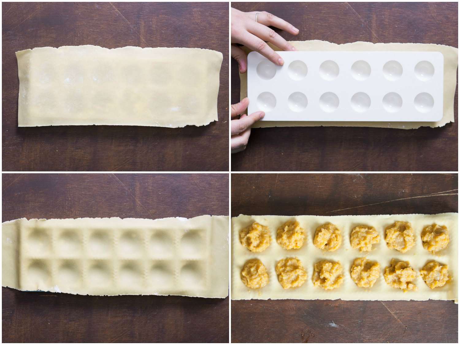 Making ravioli with a ravioli mold. 
