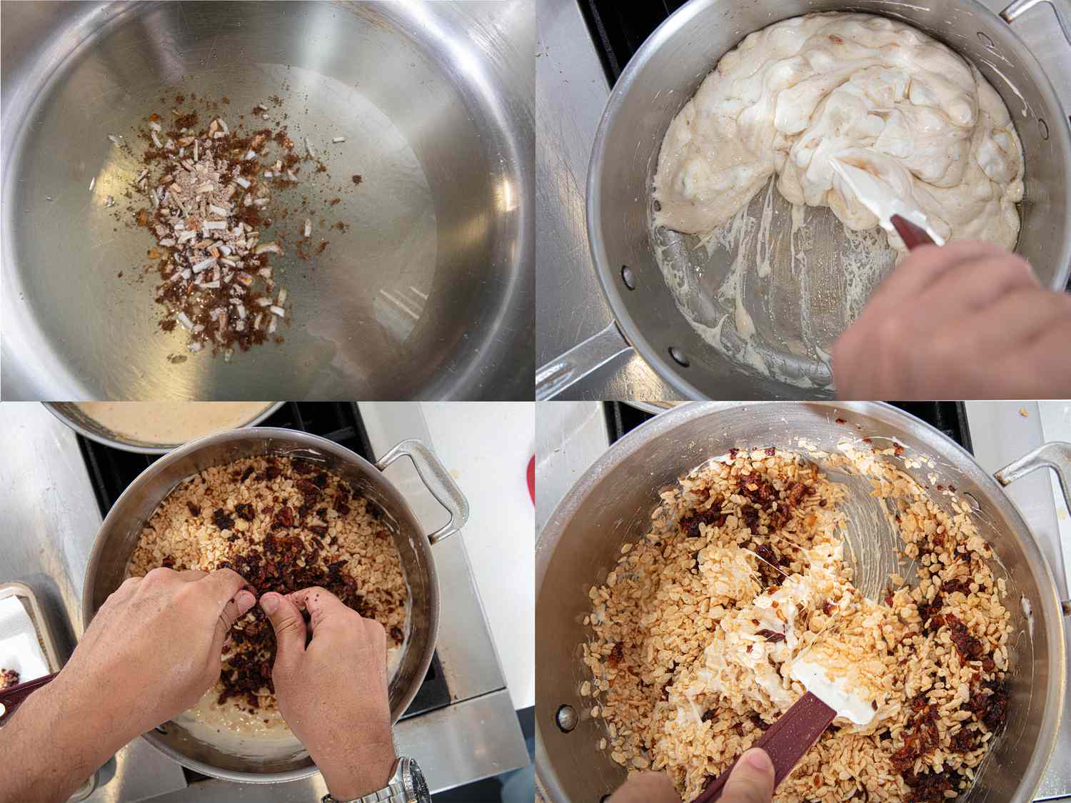 Four image collage of building rice krispies