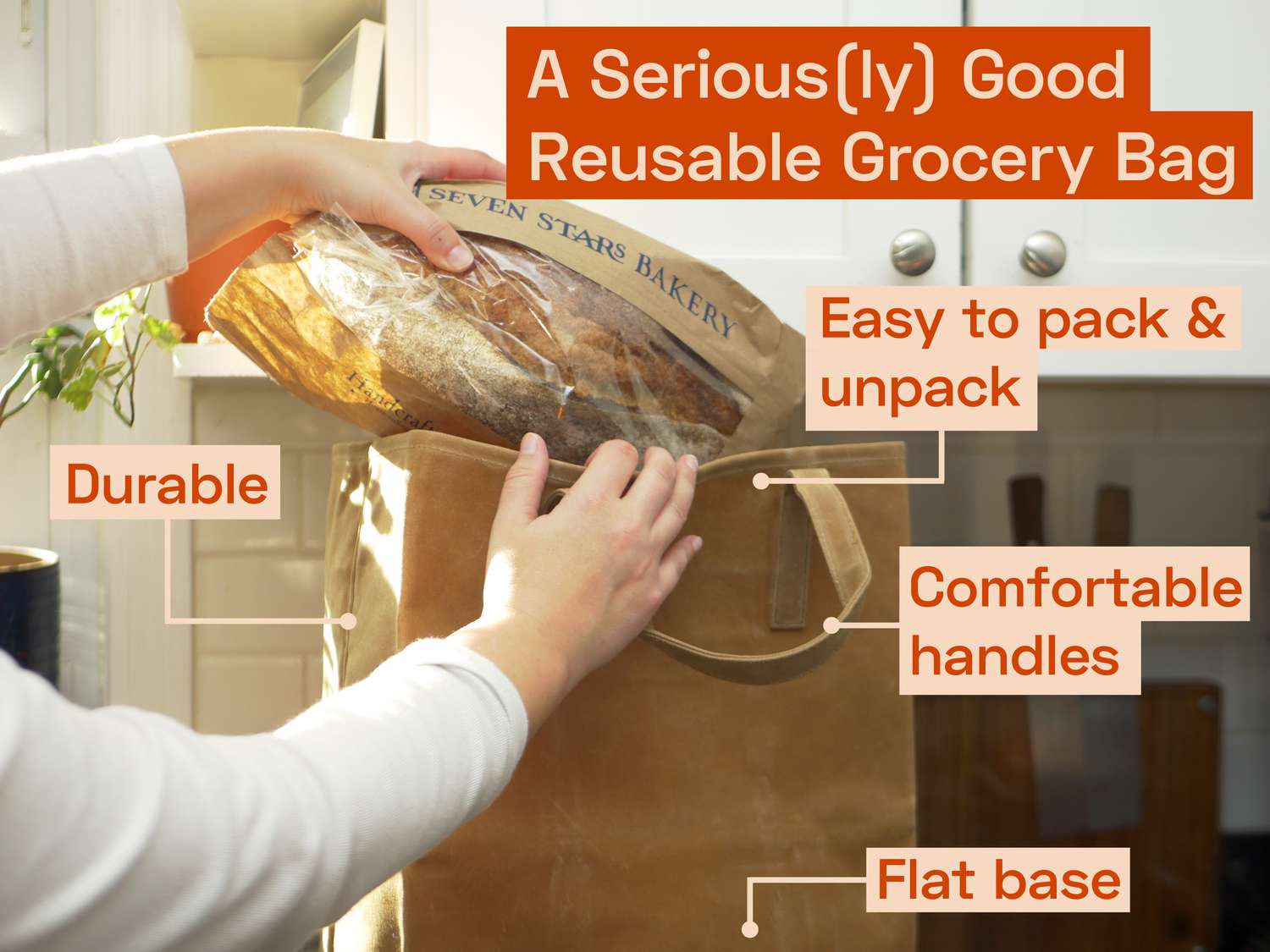 a person pulling a loaf of bread out of a grocery bag on a countertop