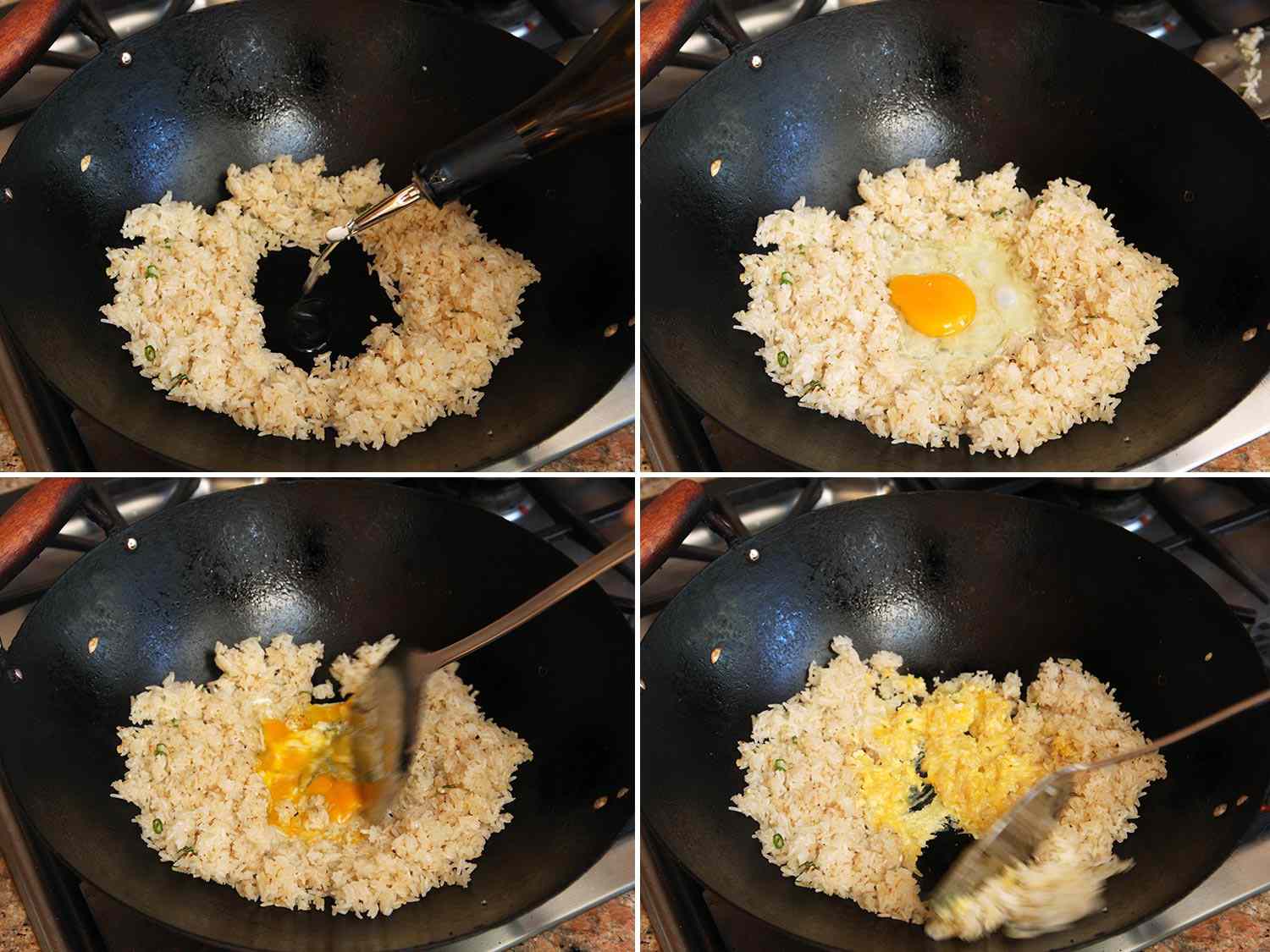 Collage of a hole being made in the center of the rice so that an egg can be scrambled and then mixed together with the rice.