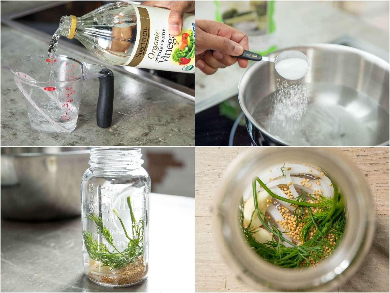 Collage of four photos depicting, clockwise from top left, distilled white vinegar being poured into measuring cup; salt being added to bowl of water from a tablespoon measure; overhead view into glass jar with vegetables and spices that will season the pickles at the bottom; side view of pickle jar with vegetables and spices at the bottom