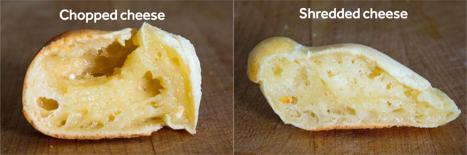 side-by-side comparison of cuñapes made with chopped and shredded cheese