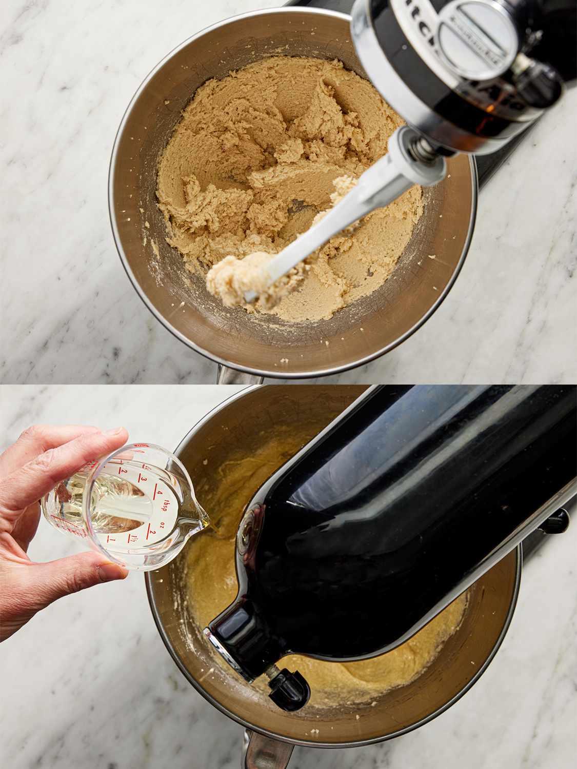 Two Image collage of Butter, sugar, and brown sugar, light and fluffy in a stand mixer and adding oil to the bowl