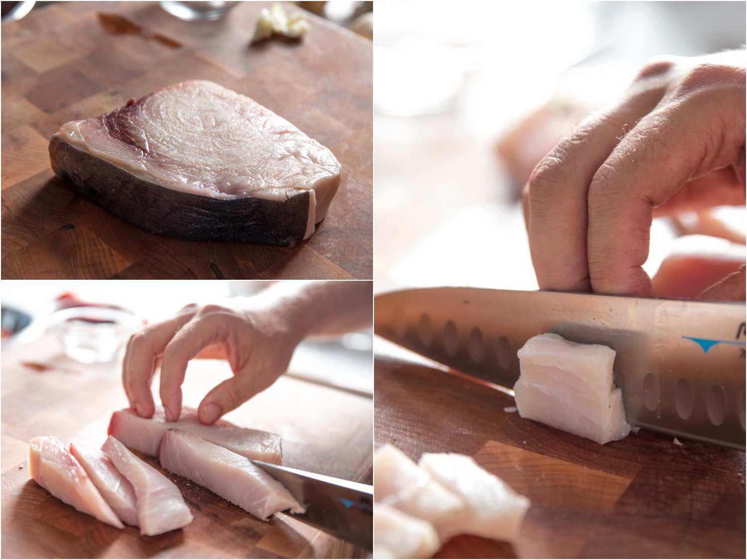 Cutting swordfish steaks to make Sicilian rigatoni with swordfish (pesce spada)