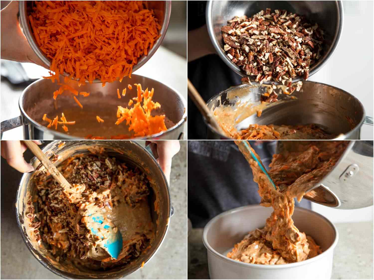 Collage of photos of making carrot cake: adding shredded carrots to batter, adding toasted pecans to batter, mixing with a flexible spatula, transferring to a cake pan