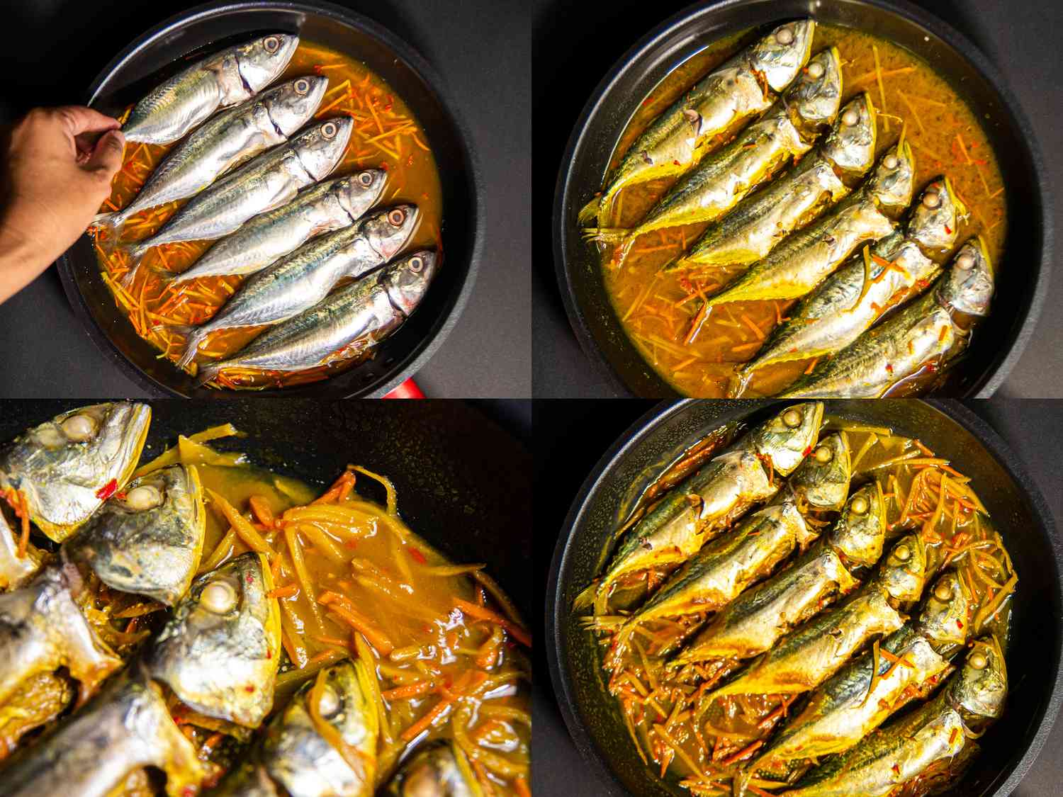 Four image collage of cooking fish in pan