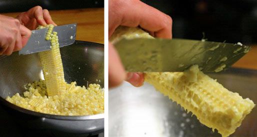 Collage of the author slicing corn kernels off the cob into a large mixing bowl with a sharp nakiri-style knife.