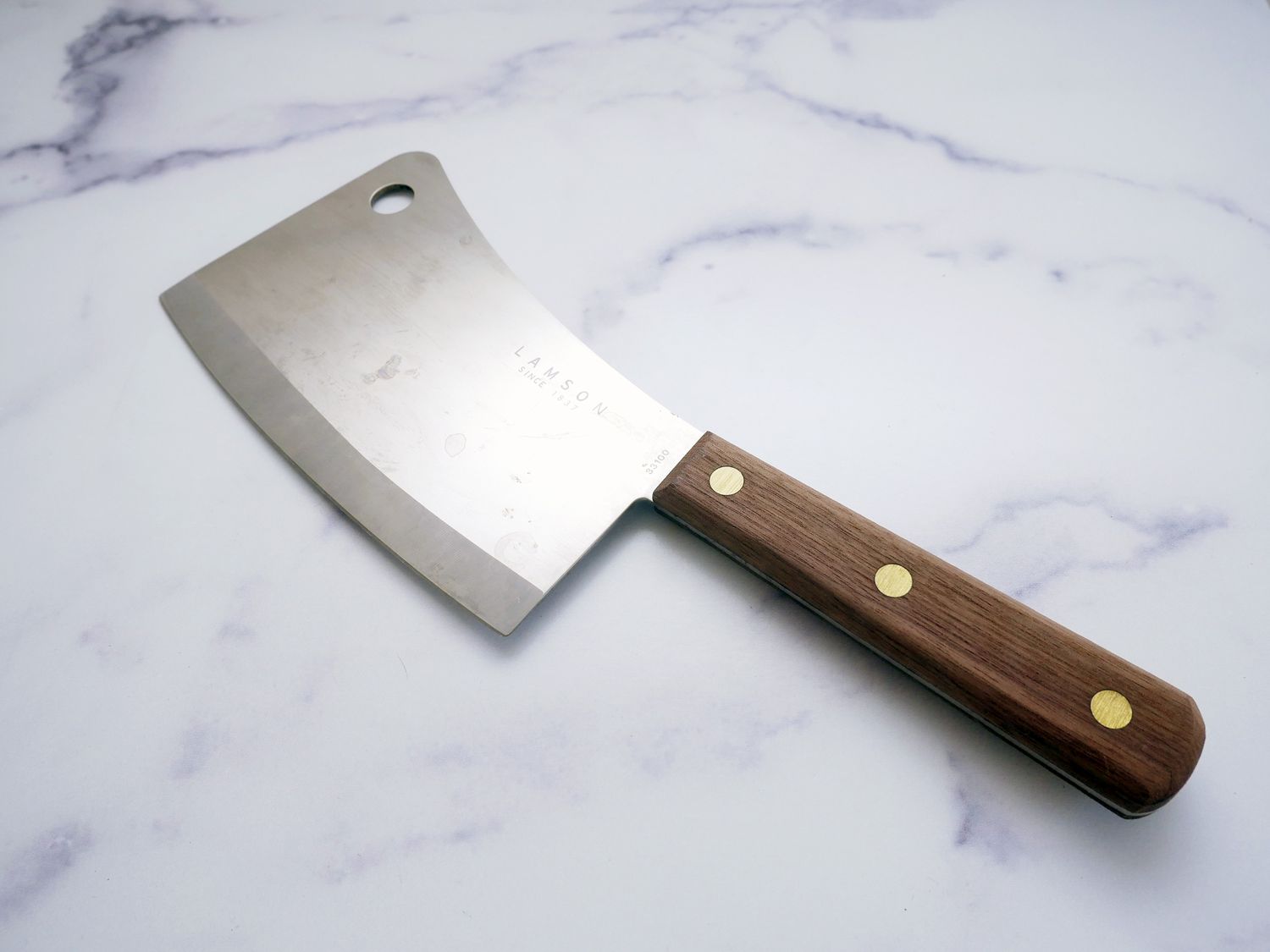 Lamson Meat Cleaver on marble countertop