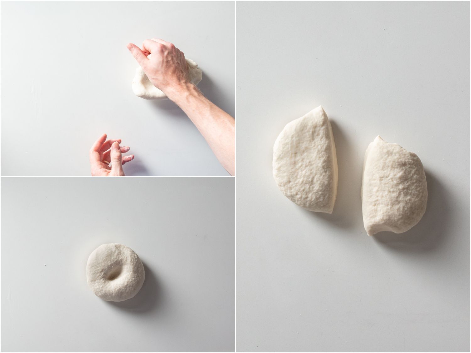 Kneading the dough until smooth and dividing it into two portions