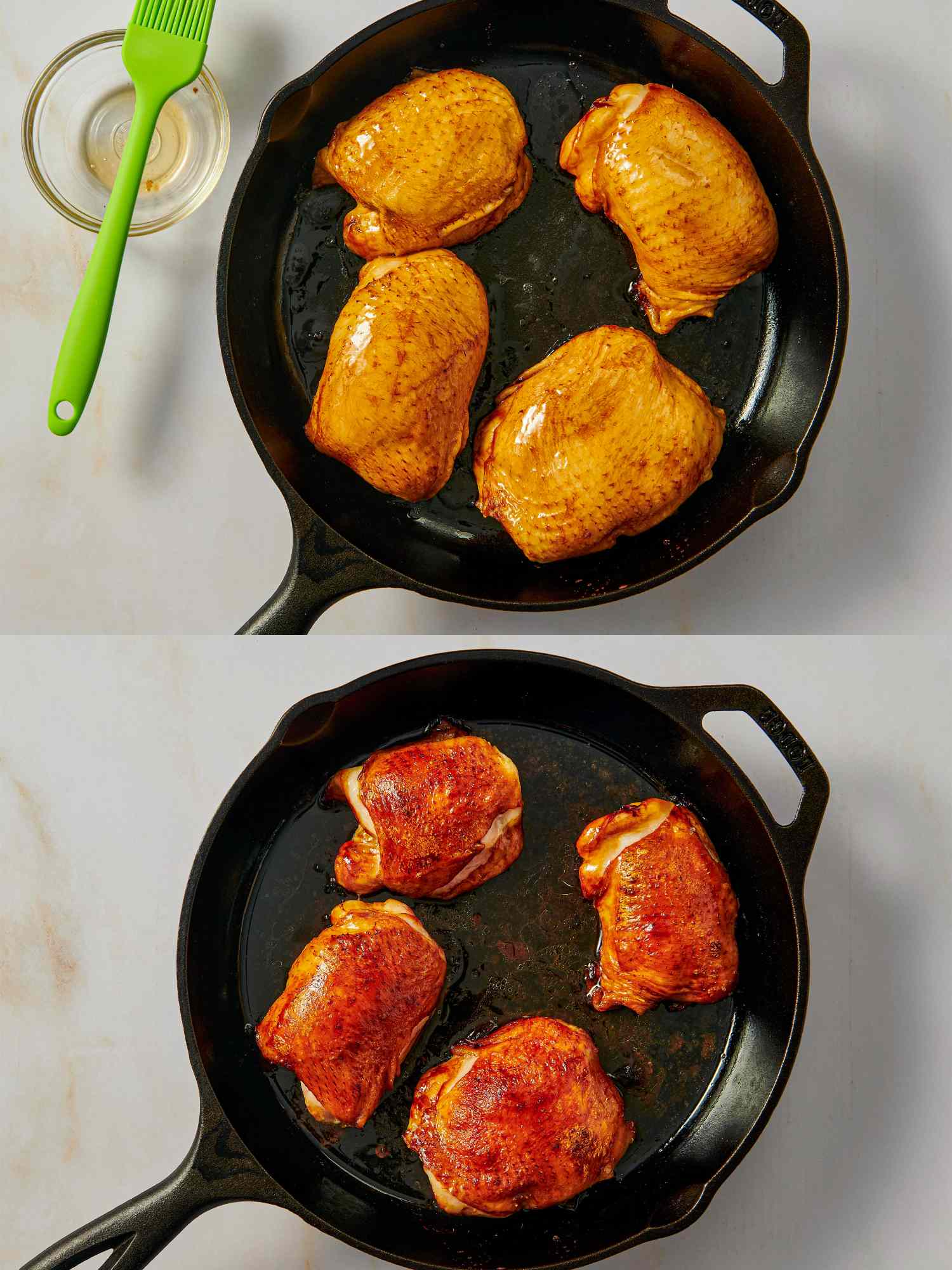 Raw and roasted chicken thighs in a skillet sidebyside comparison