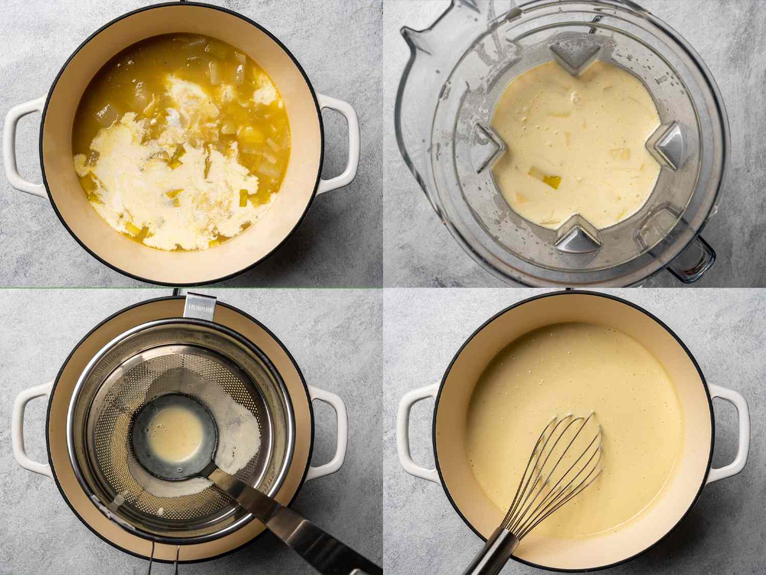 A collage: Potato leek soup in a blender, then poured into a fine-mesh strainer before being whisked in a pot. 