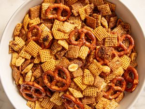Overhead view of mala spiced chex mix