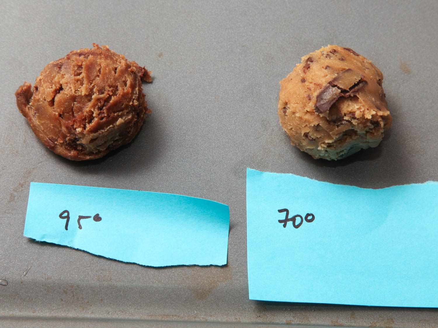 Side by side chocolate chip cookie doughs heated to 95F (left) versus room temperature (right).