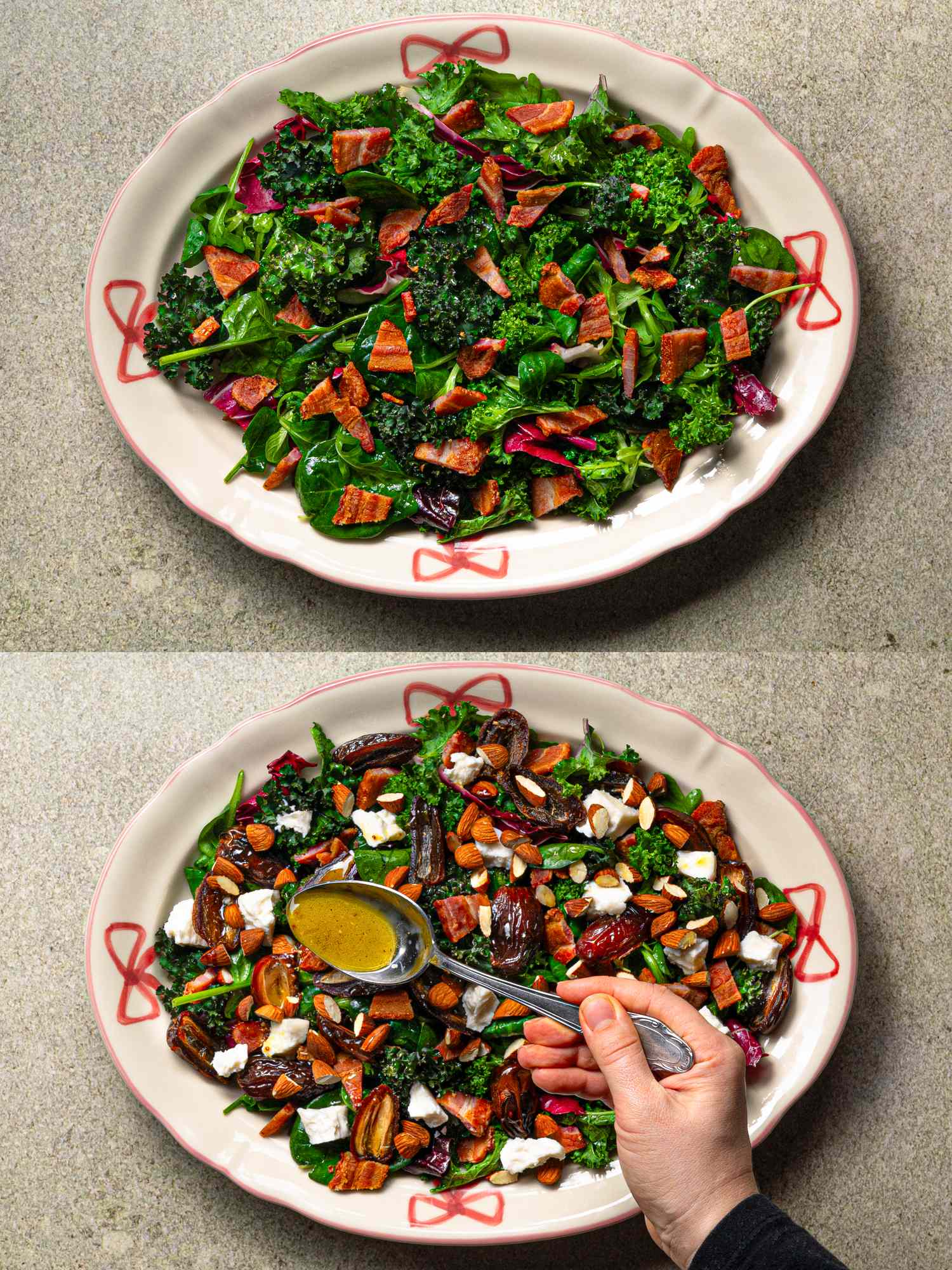 A salad with greens baconwrapped dates and feta including a hand pouring dressing over the dish in the bottom image