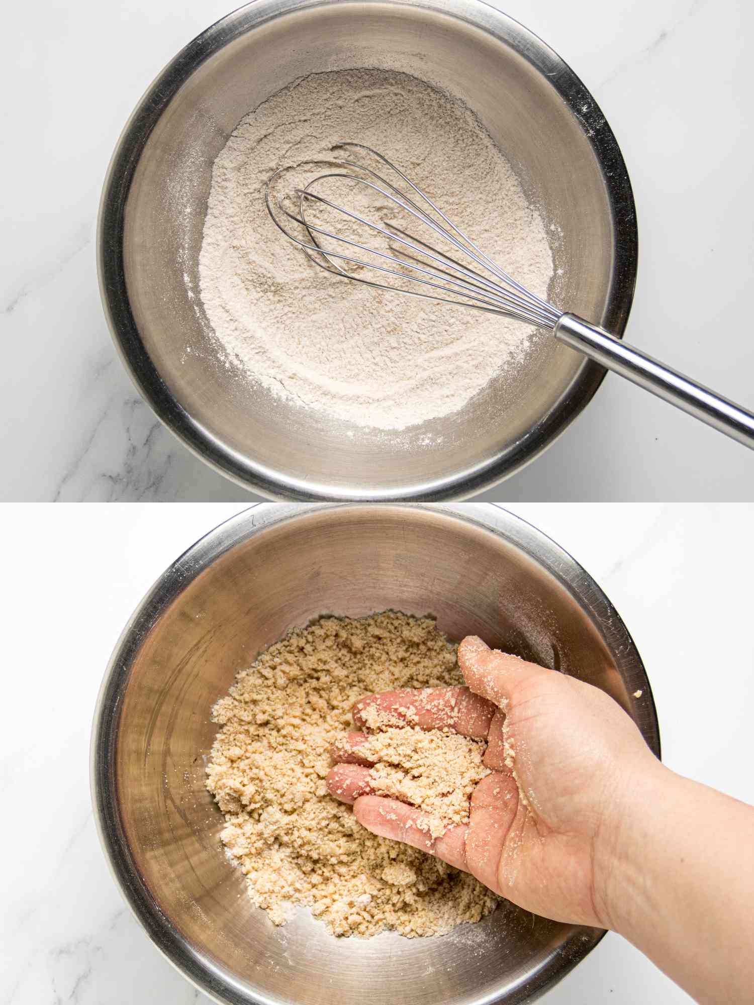 2 image collage. Top: Whisking dry ingredients together in metal bowl. Bottom: Adding butter in to make a sand-like texture. 