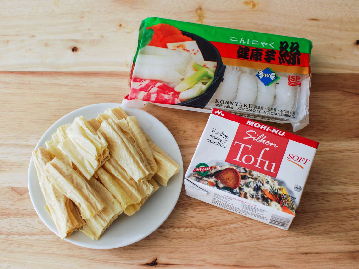 Tofu skin, tofu, and noodles for Chinese hot pot.