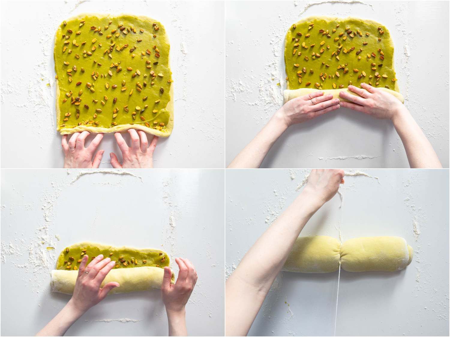A collage: rolling the filled pistachio buns into a log, and cutting into portions with twine crossed over the top