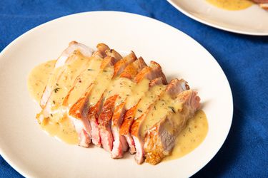 Side view of sauced pork chops