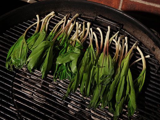 Ramps arranged on a charcoal grill.