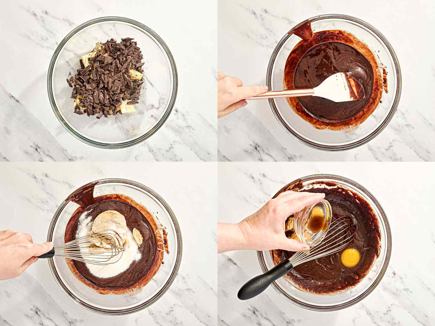 Steps for mixing chocolate brownie batter in a glass bowl including melting chocolate adding egg and integrating ingredients
