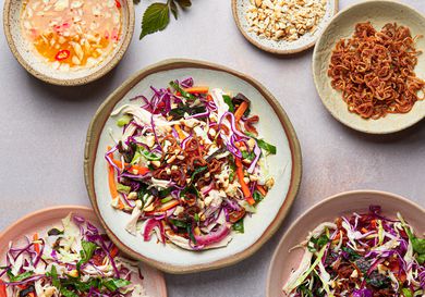 Overhead view of chicken and cabbage salad