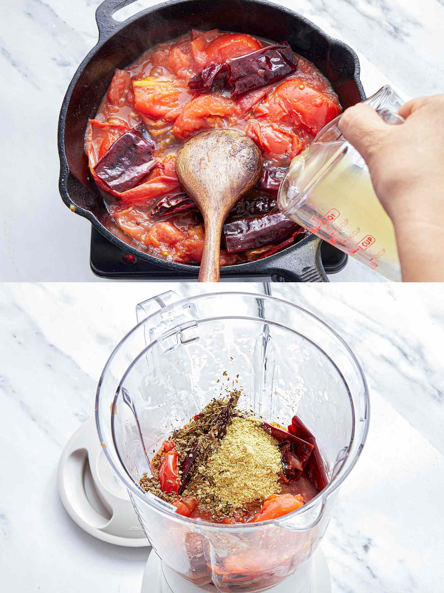 Cooking preparation of tomatoes and chiles in a pan and their transfer to a blender with spices