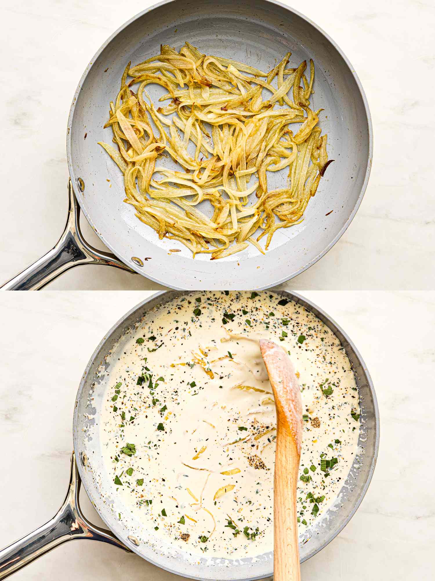 Two cooking steps for a dish frying sliced root vegetables and mixing a creamy sauce in a pan