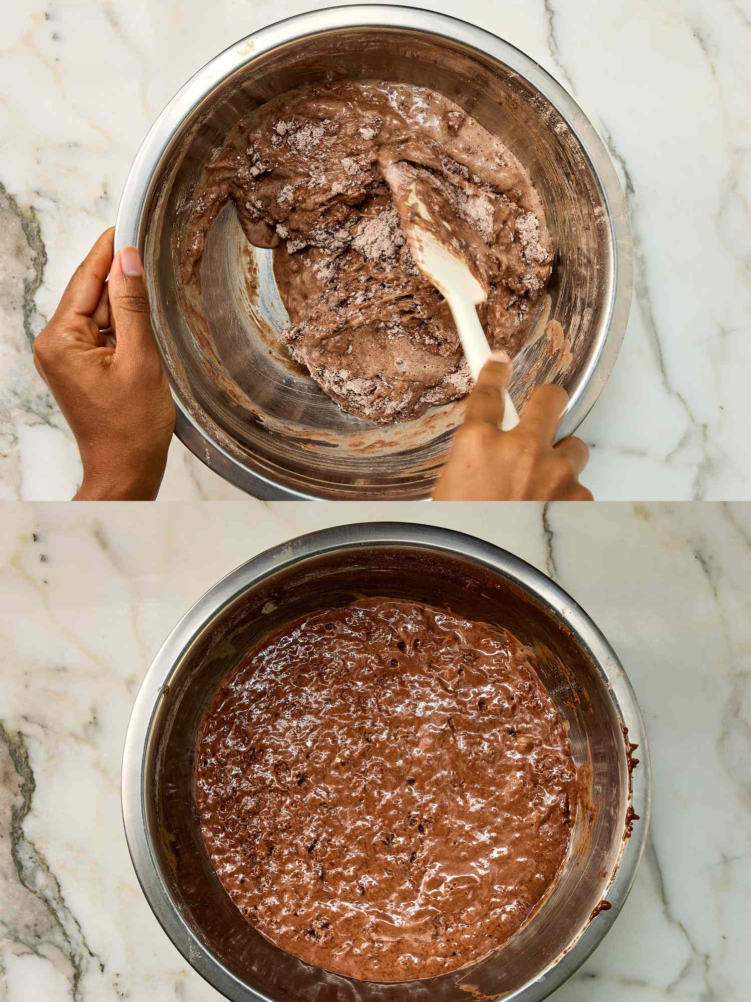 Twostep process of preparing chocolate pancake batter in a metal bowl being mixed with a spatula