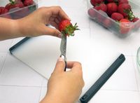 a person coring a strawberry with a paring knife