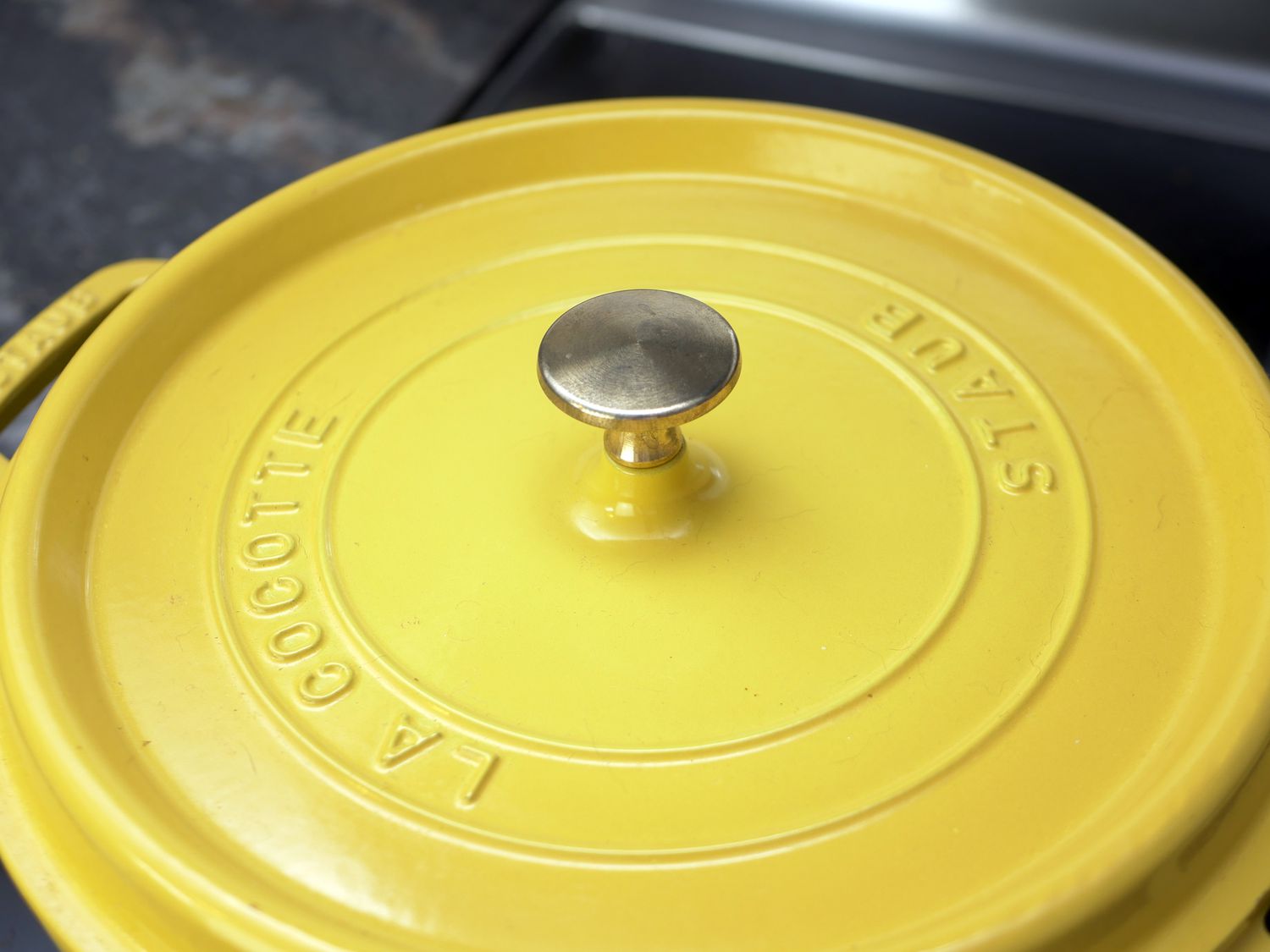 closeup of the knob on the lid of the staub dutch oven