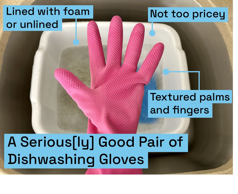 A pink dish glove over a sudsy tub