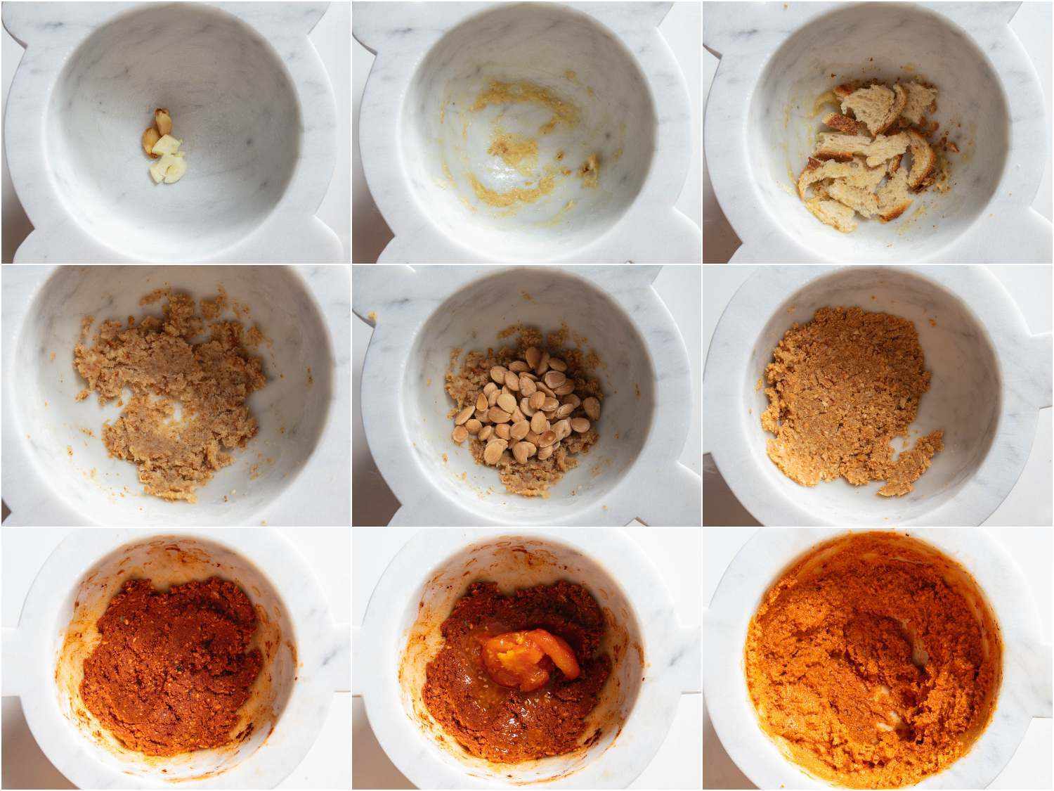 Step-by-step photos of making romesco sauce in a mortar and pestle: starting with garlic ground into a paste, followed by bread, nuts, dried peppers, and tomatoes. 