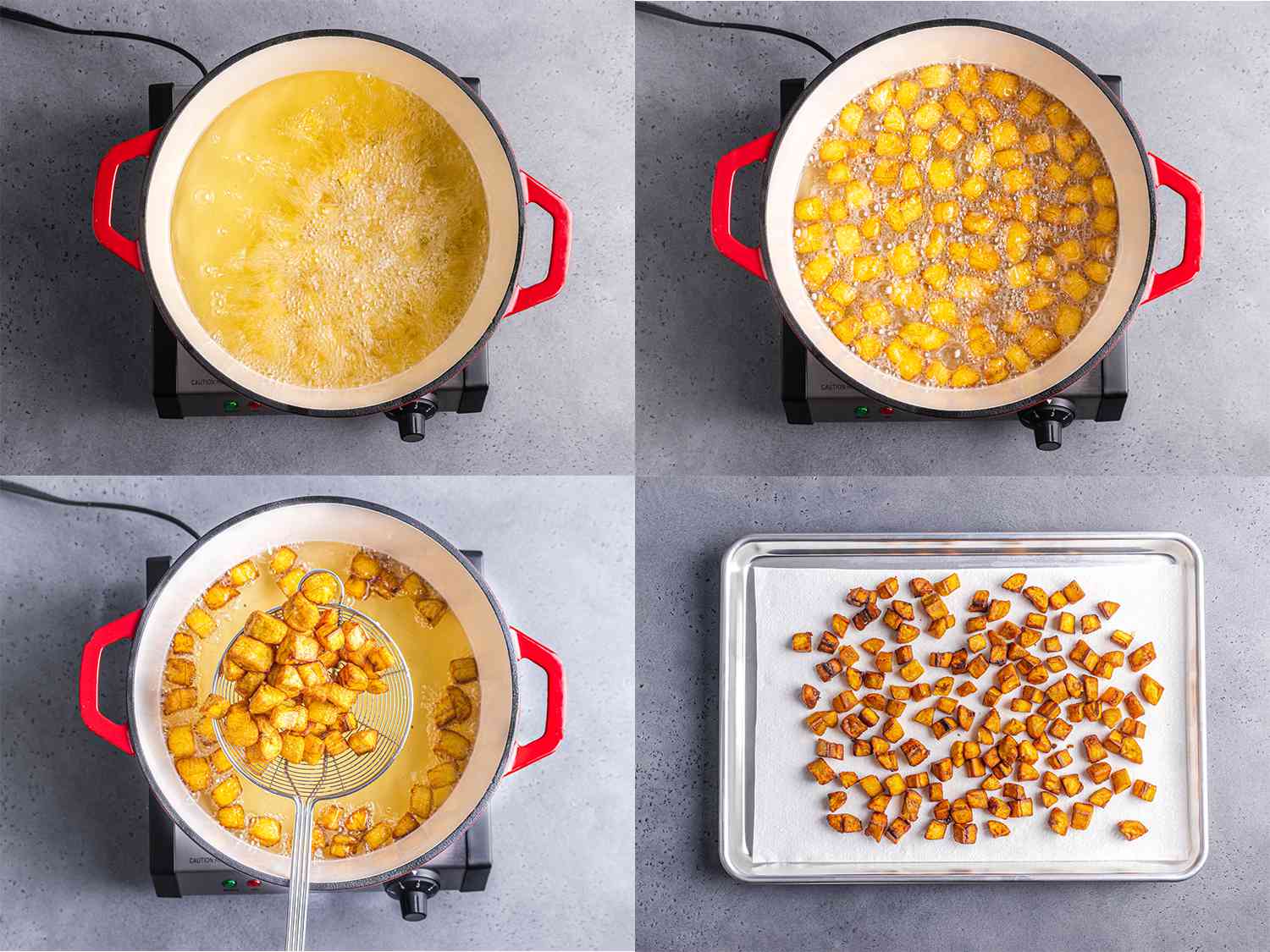 4 image collage, clockwise from upper left: Oil bubbling in a dutch oven, plantains frying in oil, plantains being scooped out of oil using a metal spider, and fried plantains resting on a lined baking sheet
