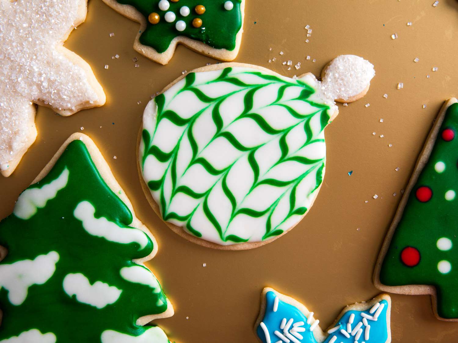 Close-up of several cookies decorated with different techniques.