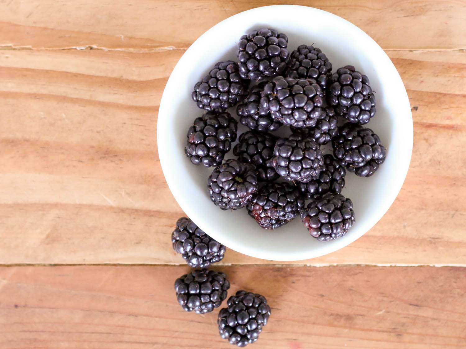 An overhead shot of a white bowl filled with dark purple olallieberries