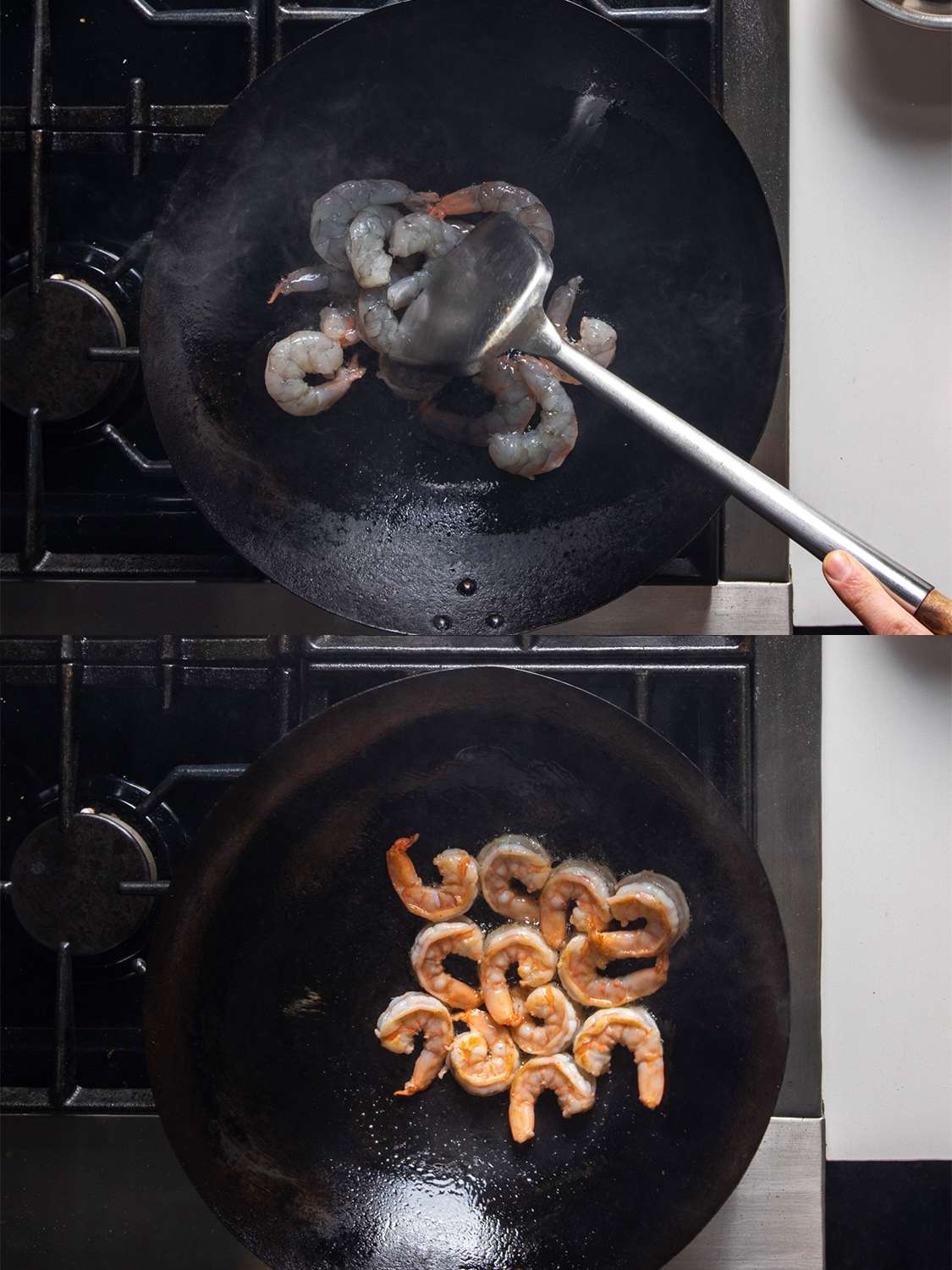 Two image collage of shrimp being cooked in a wok