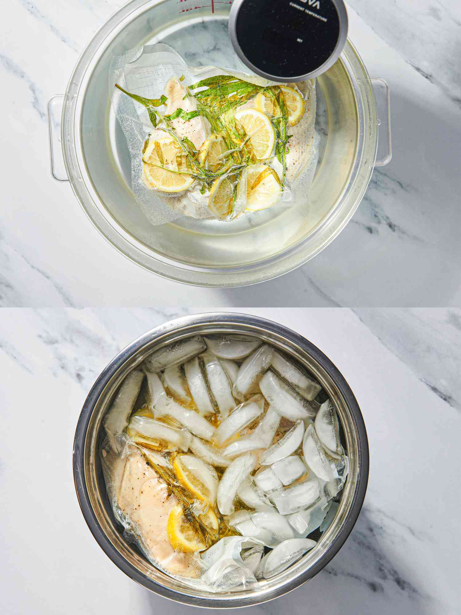 Two image collage of chicken soud viding and in an ice bath.