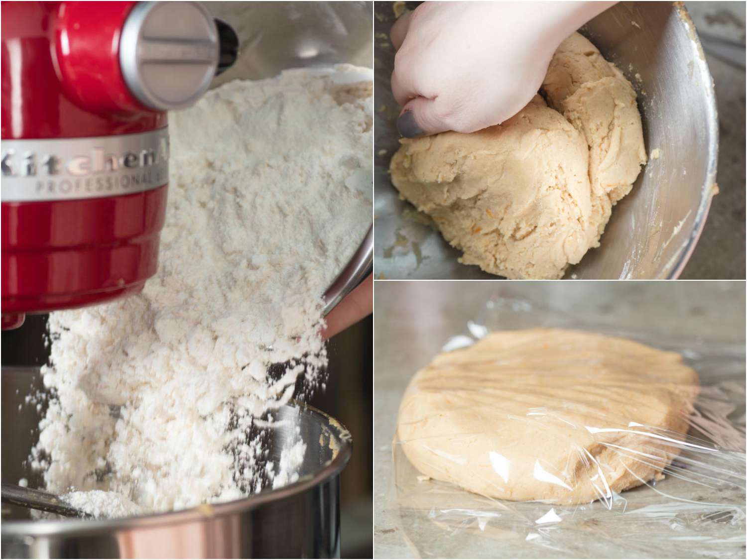A 3-image collage of making the dough for fig newtons in a stand mixer: adding flour and using a hand to combine the dough, wrapping the dough disk in plastic wrap. 