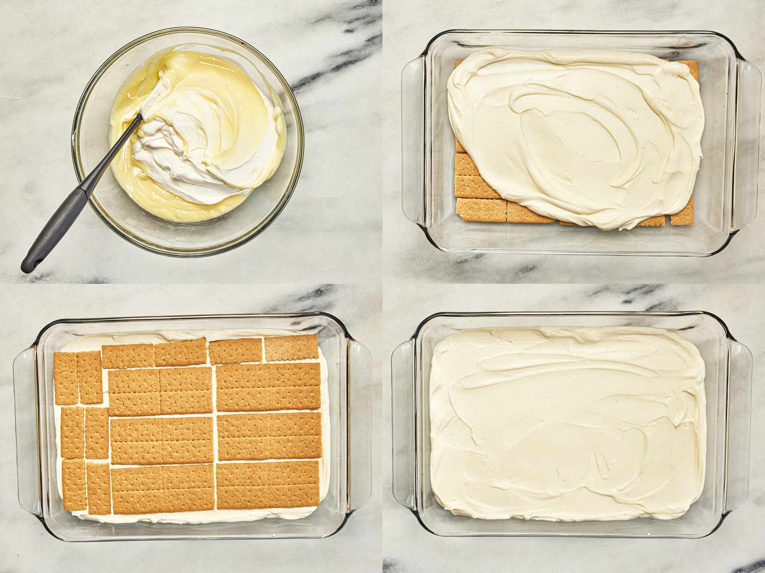 4 image collage of combining pastry cream and layering with graham crackers