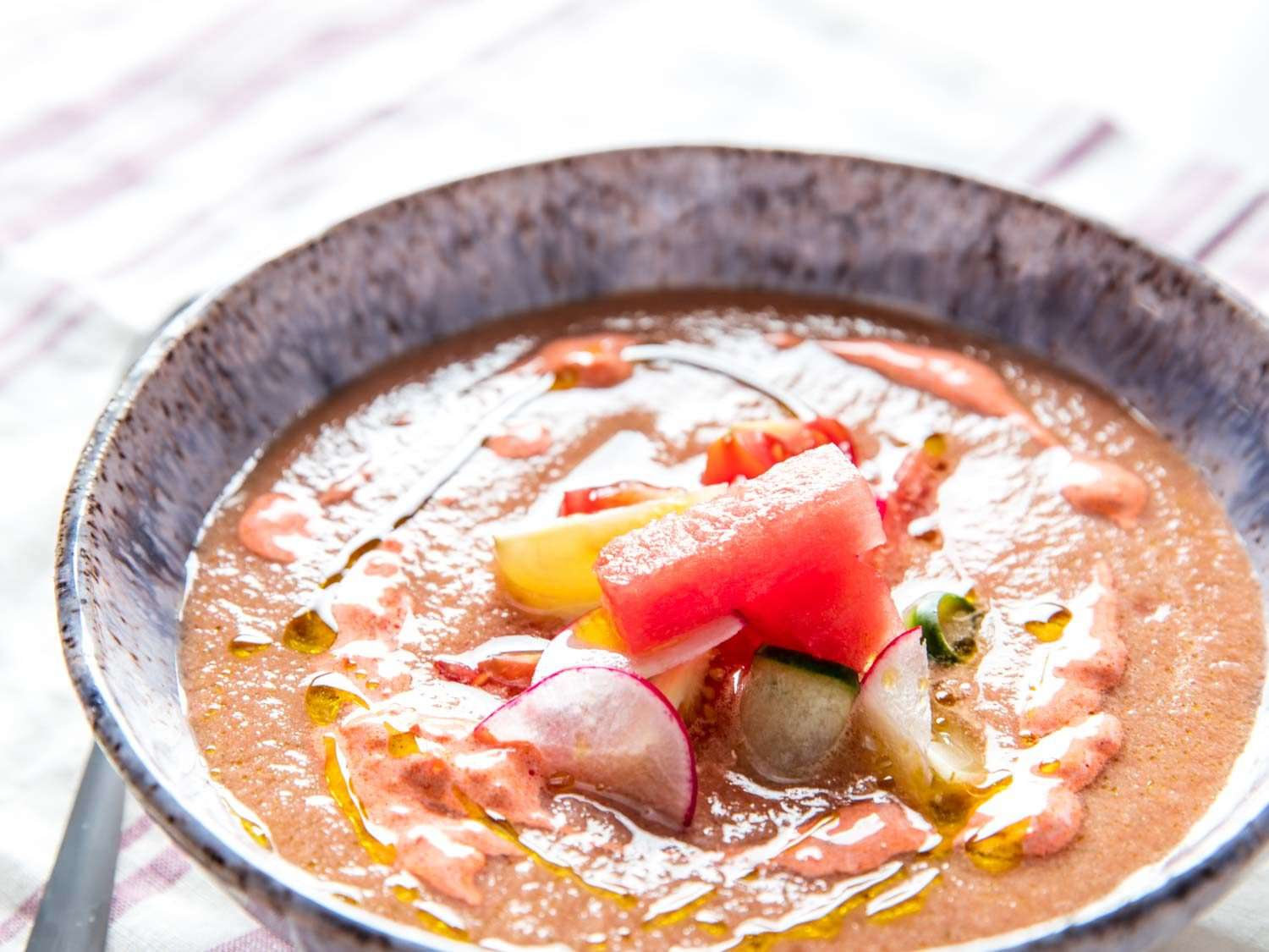 Watermelon gazpacho with Calabrian chili crema