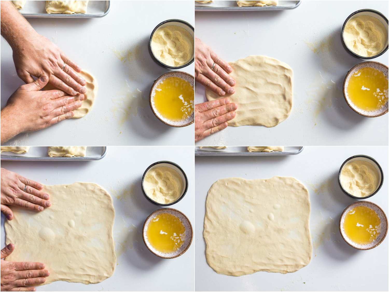 A collage: flattening msemen dough, brushing it with butter/oil mixture. 