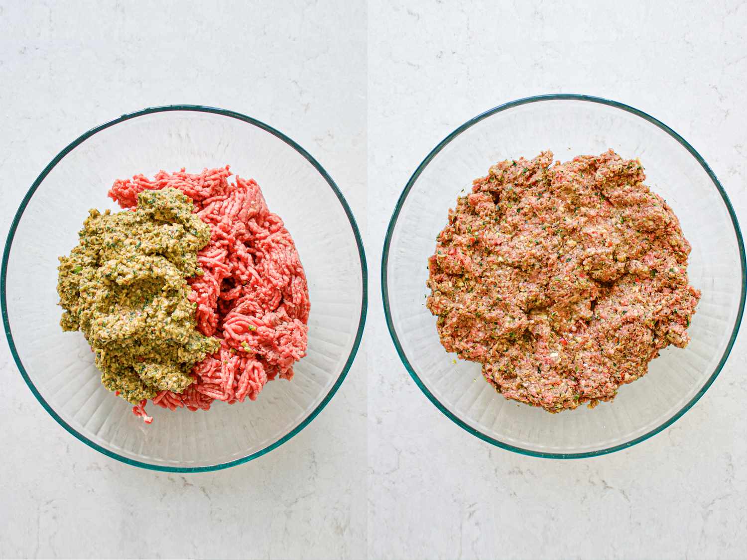 Two Image Collage of ground meat and vegetable and spice mixture, before and after being combined in a glass bowl