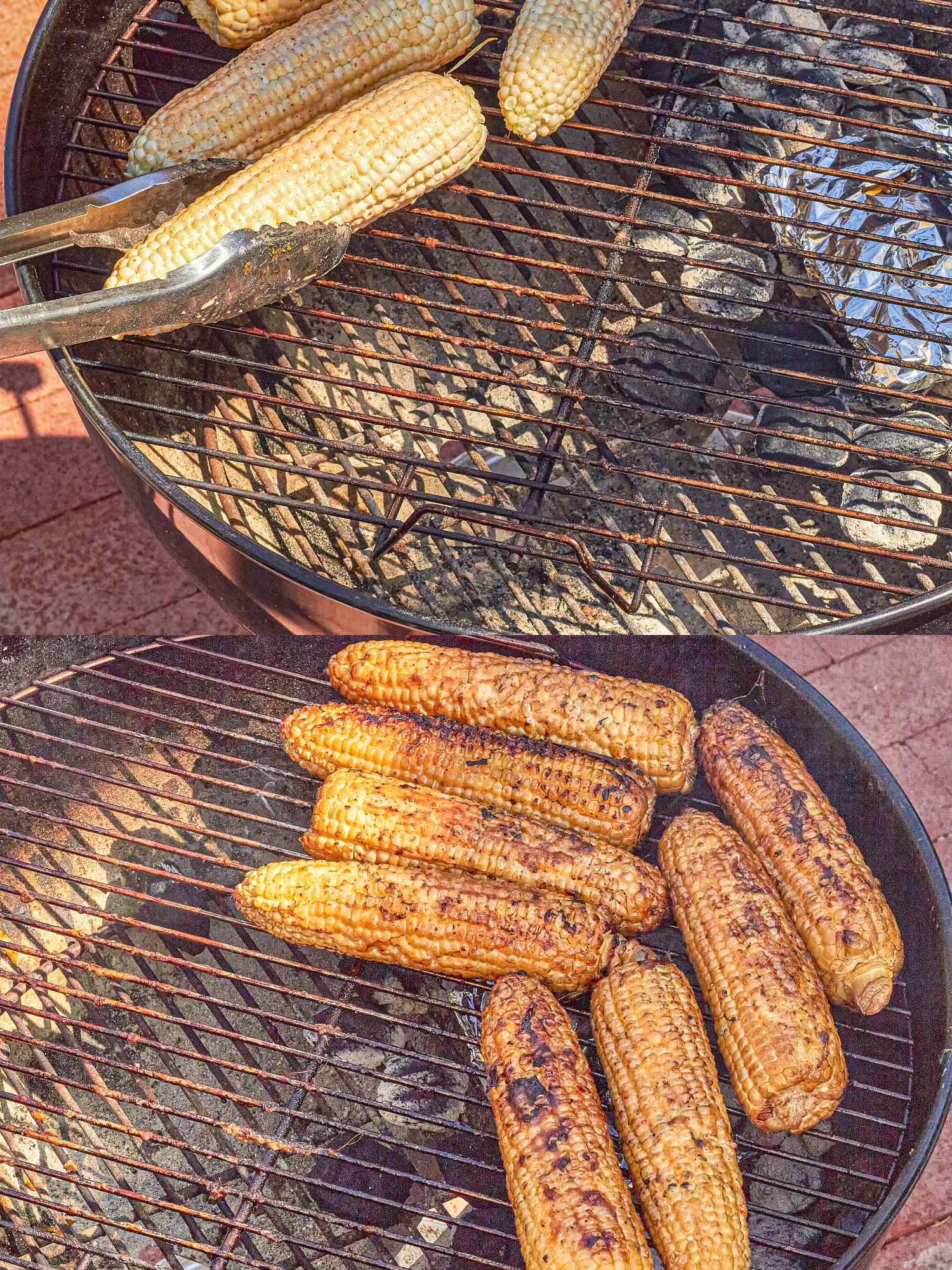 Corn on a grill some ears being cooked and others already charred