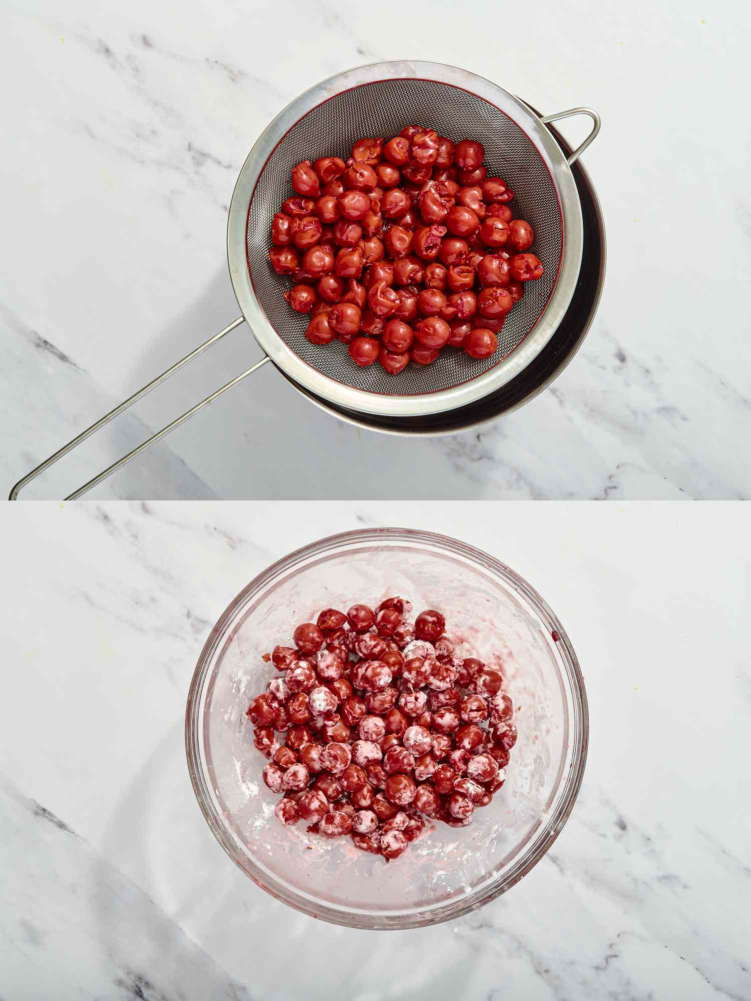 2 image collage. Top: cherries in a fine mesh strainer. Bottom: cherries coated with cornstarch