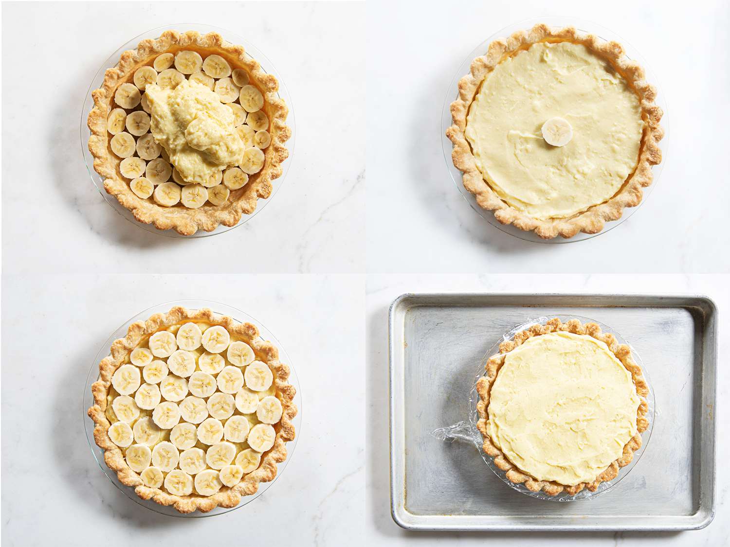 4 image collage. Overhead view, from top left: cream being added to top of banana layer; a single banana slice on top of the cream; a full layer of banana slices added to the pie; plastic wrapped pie resting on a baking tray.