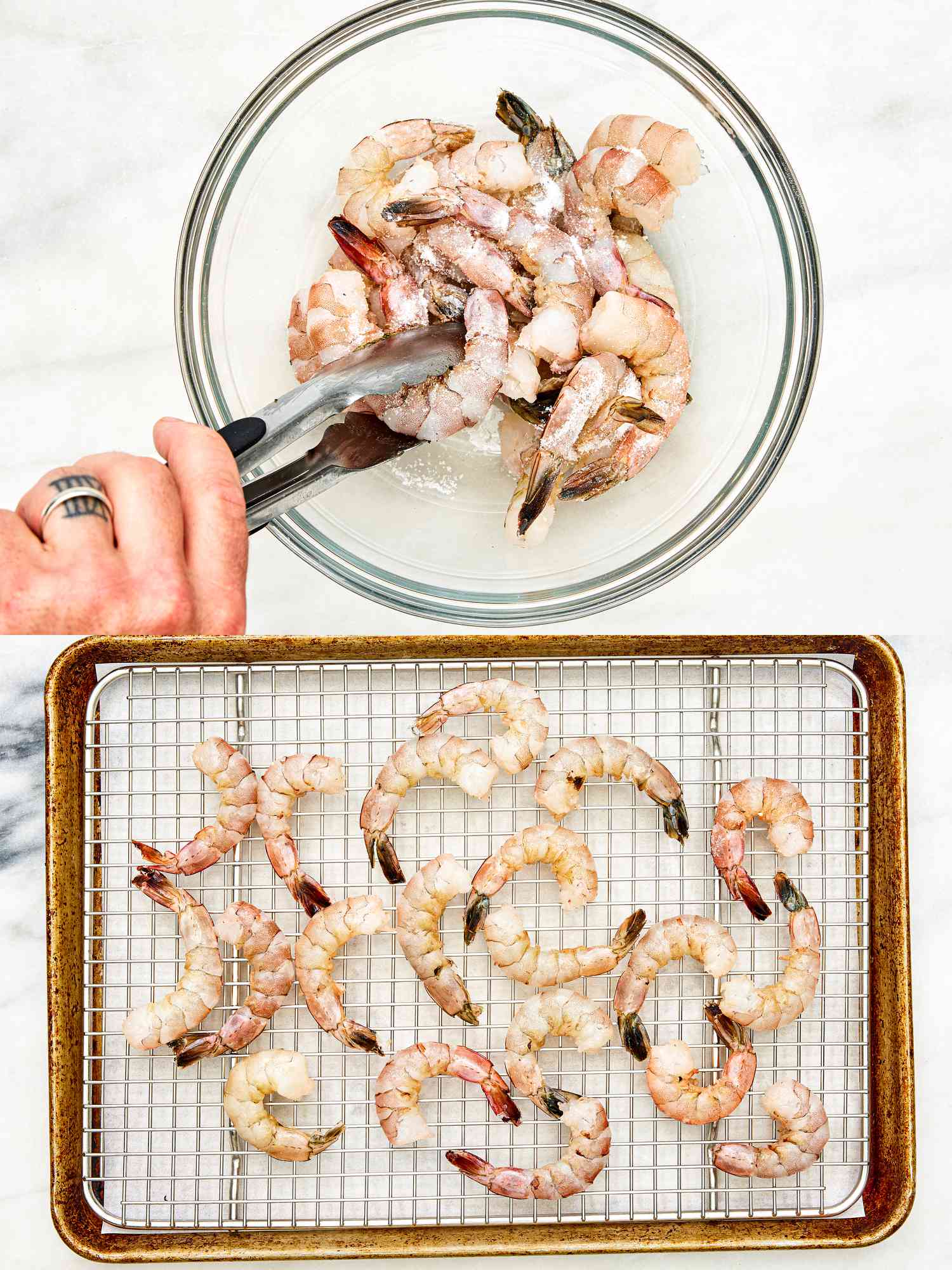 Two image collage of tossing shrimp