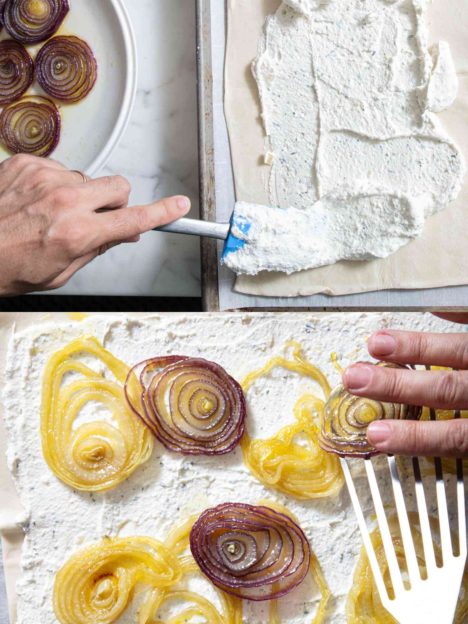 Steps in making an onion tart, featuring spreading cheese on pastry and arranging sliced onions