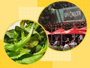 Lettuce leaves and outdoor dining at Via Carota restaurant