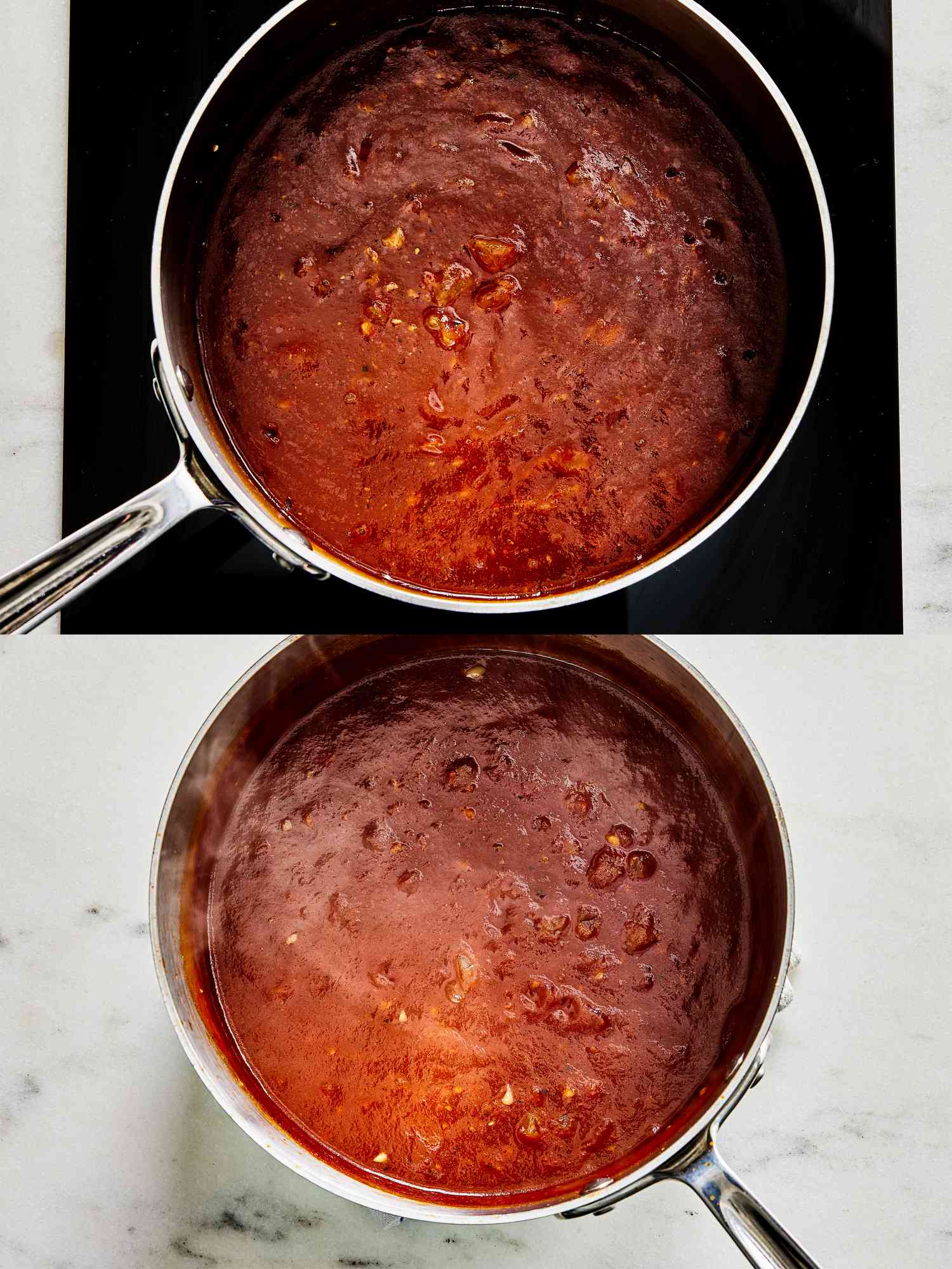 Two image collage of sauce cooking